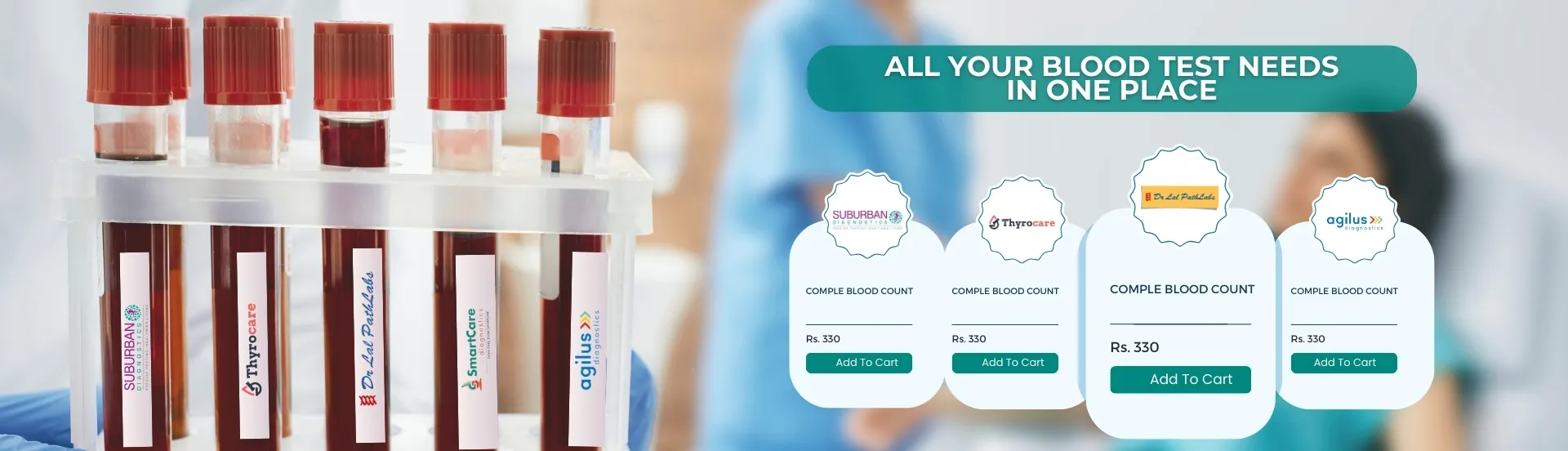 Website banner showcasing blood testing tubes with the text 'All your blood tests in one place,' highlighting four diagnostics companies offering complete blood count tests at different prices under SmartCare Diagnostics.